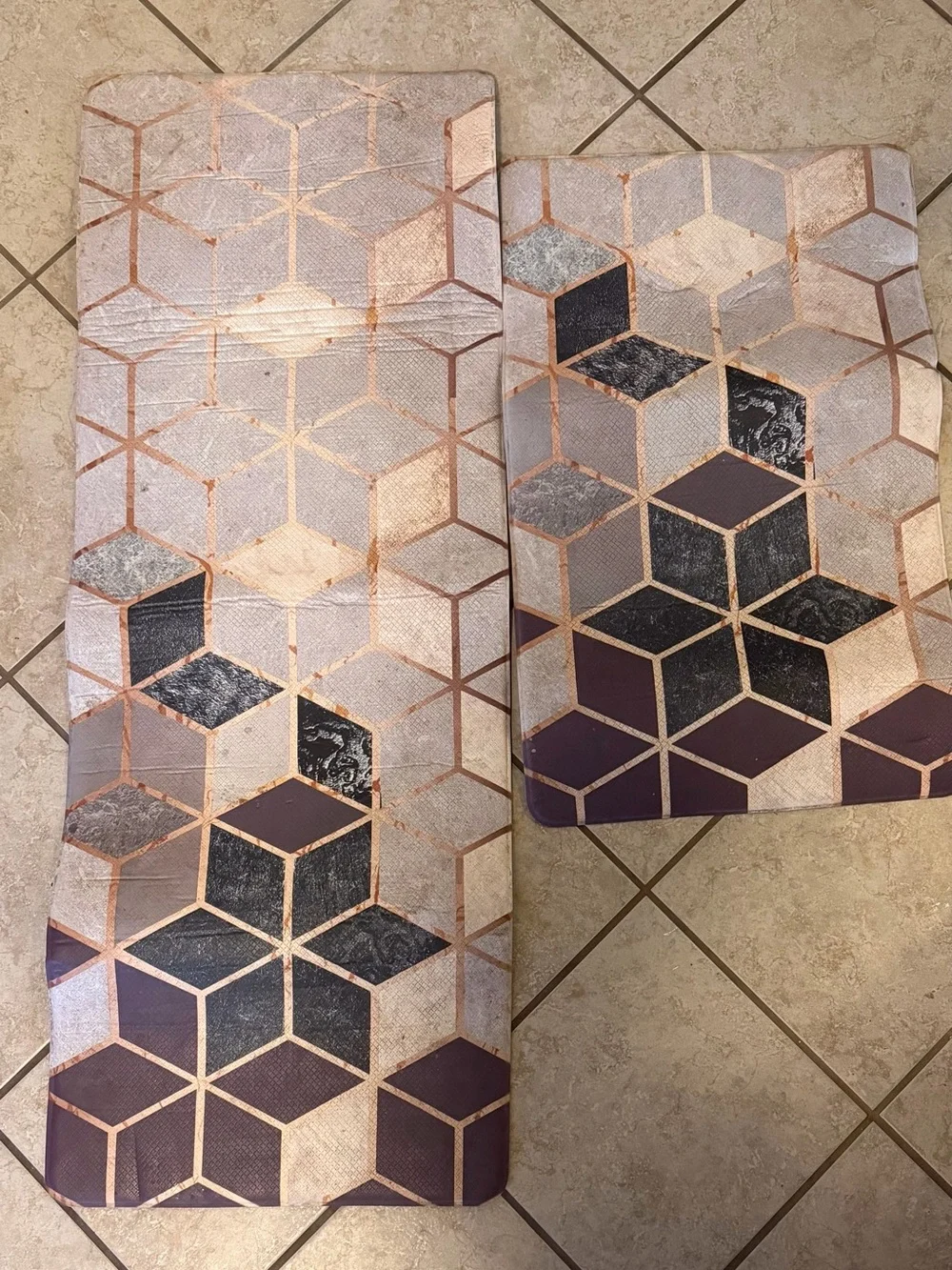 Hexagon Kitchen Mats in Purple, Blue, Gray and Gold Accents